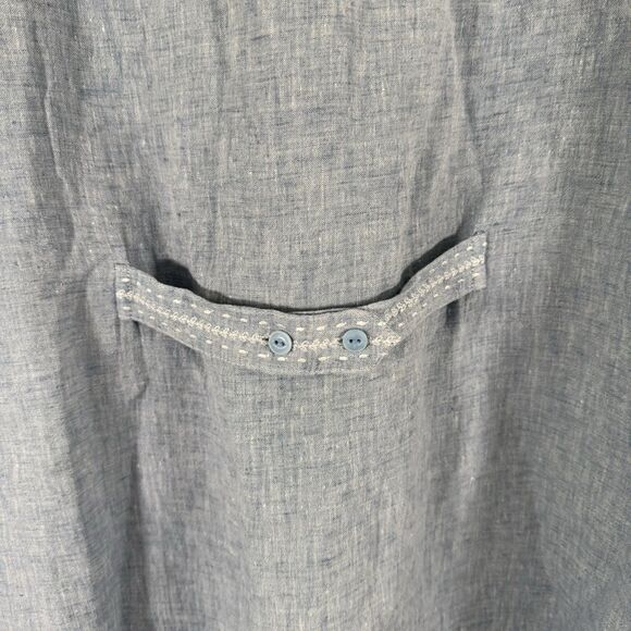 Potery 100% Linen Maxi Dress Womens 18 Blue Front Pockets Long Sleeve Round Neck - Picture 14 of 14